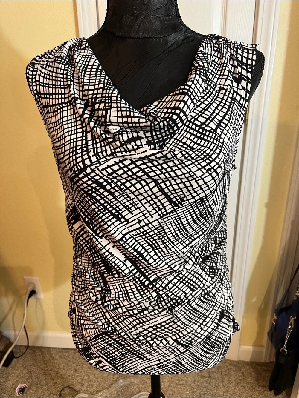 Tahari Black and White Printed Cowl Neck Tunic